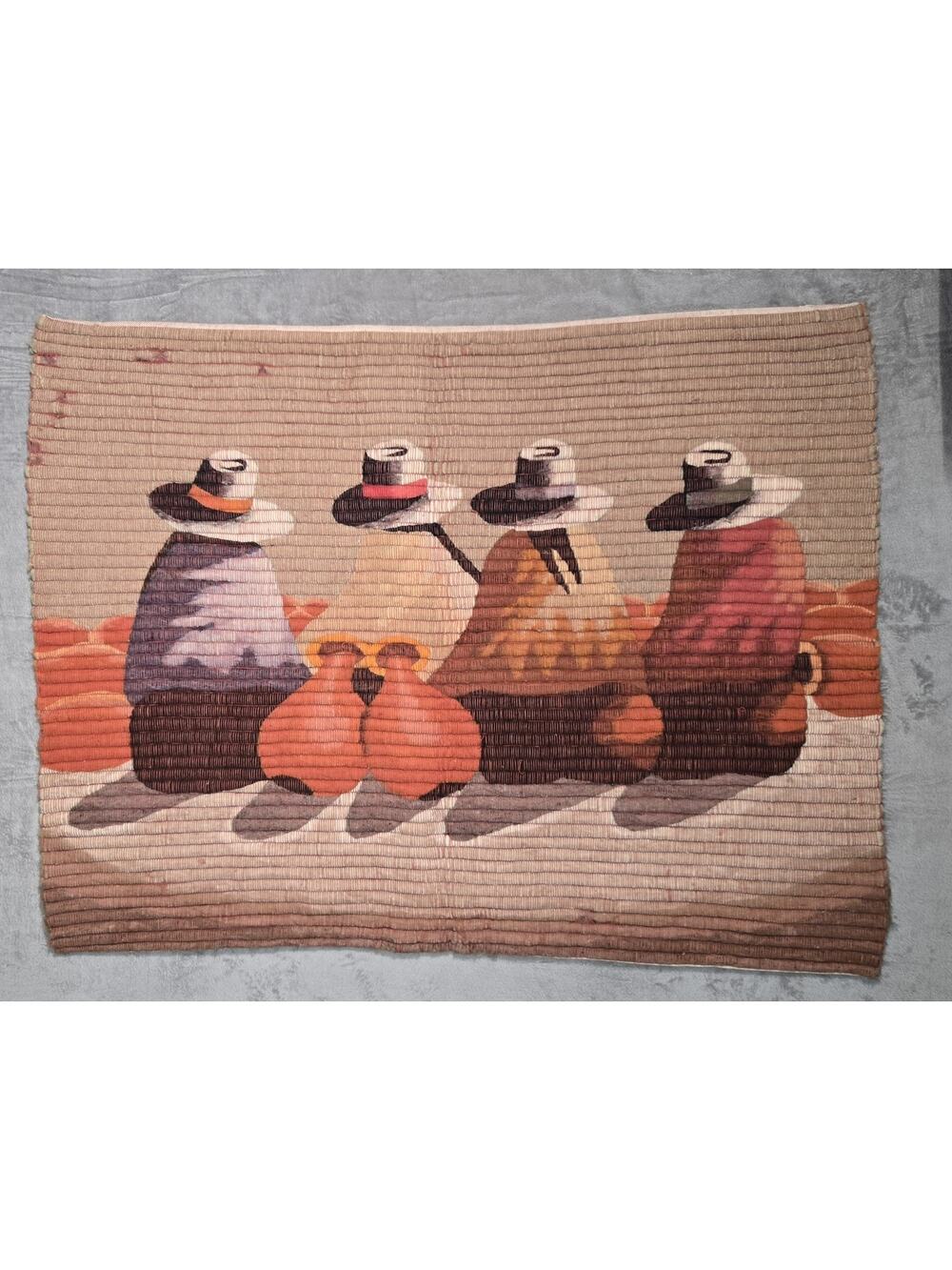 Peruvian Wool Tapestry Wall Hanging 35x45 Folk Art People Made in Peru As Is